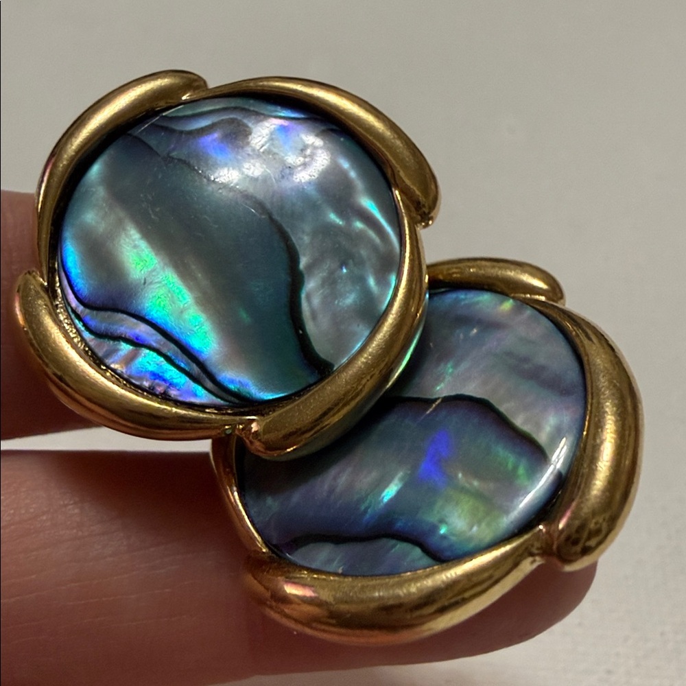 Gold-Frame Abalone Shell Stud Clip on Earrings - Picture 2 of 14